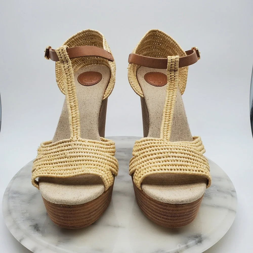 Tory Burch Carina Macrame Straw Wedge Sandals Royal Tan Leather T-Strap‎ US 9.5M